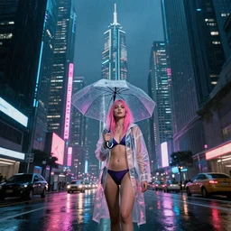 city of the future, many skyscrapers, blade runner style, hyper - realistic, octane render, realistic, real, street, rain, beautiful girl with umbrella wearing bikini and clear raincoat with pink hair, cinematic, 8 k, very intricate, 8 0's, night