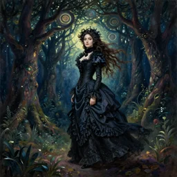 A beautiful victorian woman, night, gothic dress, flowing hair, oil painting, portrait, magical forest, spirally trees, glow, dramatic lighting, dramatic light, masterpiece, high detail, long shadow, amazing composition, detailed, painted by Caspar David Friedrich