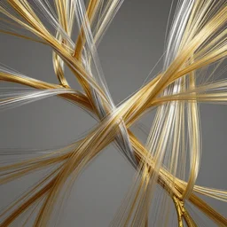 thousands of thin threads of translucent gold and silver unravel and twist out of a branching structure, hyperrealistic