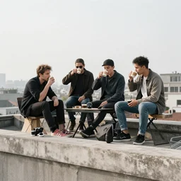 four men drinking coffee on top of a building filmed by a camera
