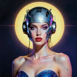 portrait of sexy beautiful woman with aureola by pantokrator, head made of mech mask rendered in unreal engine, cyberpunk, rave style by andy warchol, scifi nanowires on skin, painted by angus mckie