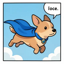 light brown female dog wearing a blue superhero cape, she's flying through the sky. Comic strip.