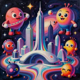 an extremely high quality hd surrealism painting of a 3d galactic neon complimentary-colored cartoon surrealism melting optically illusiony high-contrast zaha hadid futuristic cityscape by kandsky and salvia dali the second, salvador dali's much much much much more talented painter cousin, clear shapes, 8k, realistic shading, ultra realistic, super realistic