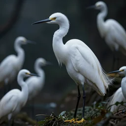 an extremely detailed masterpiece photorealistic of a snowy egret in a rookery, in the style of brian bolland, digital art, unreal engine, volumetric lighting, dark moody lighting, epic scene