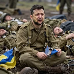 Volodymyr Zelensky at war,  dressed like  a Vietnam war American soldier ,  sitting on the ground between dead corpses , crying and weeping, holding a half burnt  flag of Ukraine, sharp focus, depth of field, hyper detailed, hyper realistic, High definition, by Omaya Joha
