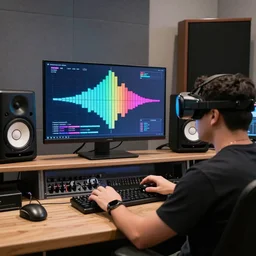 “a virtual reality developer testing out an augmented reality demo of an music spectrum analyzer overlaid on a production workstation in a studio with speakers, colorful stylized digital art”