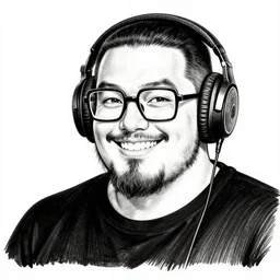 highly detailed ink illustration of a buff smiling man with long stubble, square square glasses and black bowl cut, wearing a black tshirt and black headphones, b & w clean shaped illustration by kim jung gi, ron english and eiichiro oda