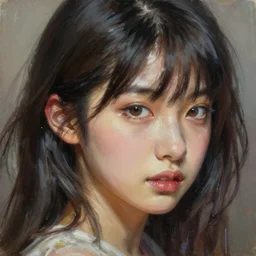 perfect, realistic oil painting of close-up japanese idol girl face, by an American professional senior artist, Hollywood concept, dynamic composition and motion, postproduction.
