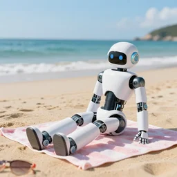 robot on the beach on holiday, relaxing on a beach towel next to the ocean
