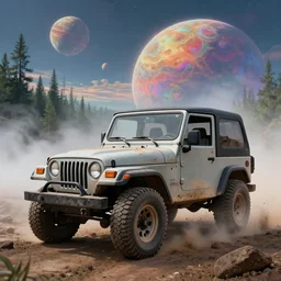a dirty 1997 hardtop Jeep Wrangler off road, digital painting, beautiful iridescent fog swallows the dirty alien planet, planets can be seen in the sky above, in front of an amazing forest, gritty, cinematic, extraordinary colorful landscape, photorealistic, soft vintage glow, 4k, hd