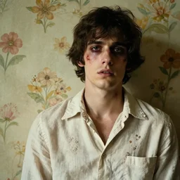 a beautiful but sinister young man in layers of fear, with haunted eyes, wearing a linen shirt, 1 9 7 0 s, seventies, floral wallpaper, wilted flowers, a little blood, morning light showing injuries, delicate ex embellishments, painterly, offset printing technique