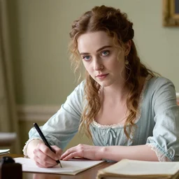 1 8 1 0 s katie mcgrath writing at her desk by reggianini, bright lighting, perfectly detailed eyes, beautiful hands, pale skin, clear face, dress, regency, georgian era stay, 6