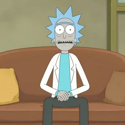 walter white sitting on a couch in the style of rick and morty