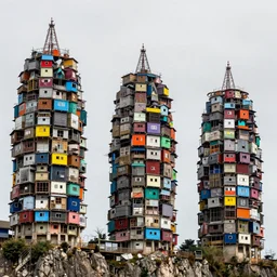 three large towers, made up of densely stacked brutalist squatter shacks and makeshift shelters with bright colours, suspending over a cliff, phase one, uniform plain sky, fine details, photographed by frans lanting