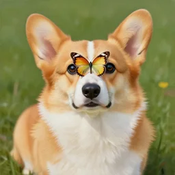 large painting of corgi with butterfly on nose, digital art, 8 k, high quality