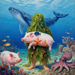 an unusual person holding a tropical fish and a piglet in ishigaki okinawa, starfish, covered in seaweed, coral reef, summer, whale, schools of fish, scuba, pigs, octopus, acrylic on canvas, surrealist, by magritte and monet