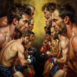 a poster of fighters facing off, hell, 8 k, stunning detail, works by artgerm, oil on canvas by gerald brom and greg rutkowski, michael cheval, peter murbacher, boris vallejo, jessica rossier, cinematic lighting, high detail, masterpiece, a lot of wow, artstation headquarters