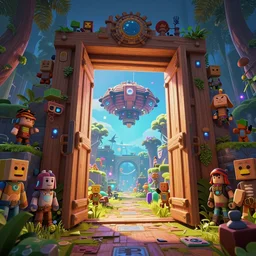 open door wood wall fortress airship greeble block amazon jungle on portal unknow world ambiant fornite colorful radiating a glowing aura global illumination ray tracing hdr that looks like it is from borderlands and by feng zhu and loish and laurie greasley, victo ngai, andreas rocha, john harris