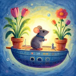 adventurer mouse travelling on a vaporwave airship with potted plants. complementary colors, gouache, indie concept art, bloom, chiaroscuro, backlighting, intricate details.