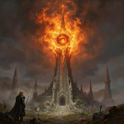 flaming eye of sauron above the tower of barad - dur, by alan lee, michal karcz, smooth details, lord of the rings, game of thrones, smooth, detailed terrain, oil painting, trending artstation, concept art, fantasy matte painting