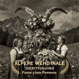 alpine _ female farmers turning into krampus hay monster _ head _ being _ overgrown _ by _ edelweiss _ dolomites _ dark _ vintage photography _ eerie _ despair _ portrait _ photography _ artstation _ digital _ art _ adward _ winning