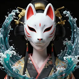 3 d close - up coherent symmetrical aesthetic satanic goddess water waves human skull, beautiful detailed japanese crow kitsune mask and classical japanese kimono highly detailed. iridescent accents. by wlop, tooth wu, greg rutkowski, alena aenami, beeple, octane render, ultra realistic. high contrast. teal, gold, black, white