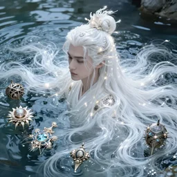 beautiful glowing ethereal white hair submerged in water fantasy art portrait, elegant hair, complex design hair, ultra realistic, wide angle, intricate details, fantasy artifacts, highly detailed by peter mohrbacher, hajime sorayama, wayne barlowe, boris vallejo, aaron horkey, gaston bussiere, craig mullins