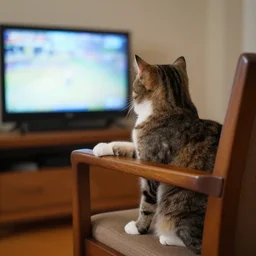 a cat sitting on a chair like a human with his paw on armrest of the chair watching tv