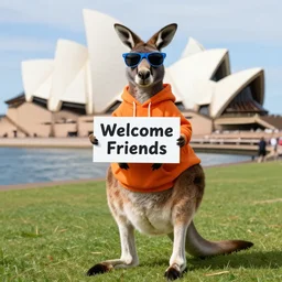 A portrait photo of a kangaroo wearing an orange hoodie and blue sunglasses holding a sign and standing on the grass in front of the Sydney Opera House holding a sign on the chest that says Welcome Friends, subject: kangaroo, subject detail: wearing orange hoodie, wearing blue sunglasses, subject location: sydney opera house, subject action: holding sign