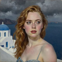 Elle Fanning in Santorini at night, head and shoulders portrait, stormy weather, extremely detailed masterpiece, Roger Deakin’s cinematography, oil on canvas, Norman Rockwell,