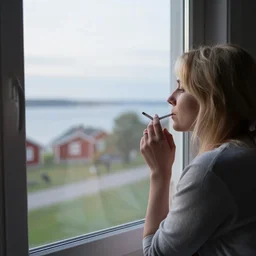 blonde woman smoking a cigarette while looking out through the window, swedish countryside, seaview, morning, calm