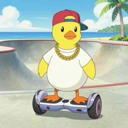 a dodo wearing street clothes, a backwards ballcap and gold chain around its neck, on a hover board at a skate park at the beach, 1990s cartoon, anime style