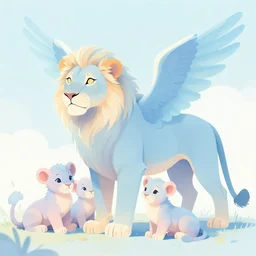 beautiful aesthetic digital illustration of a pastel blue winged lioness with a litter of pastel cubs