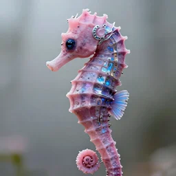 natural light, soft focus portrait of a cyberpunk anthropomorphic seahorse with soft synthetic pink skin, blue bioluminescent plastics, smooth shiny metal, elaborate ornate head piece, piercings, skin textures, by annie leibovitz, paul lehr