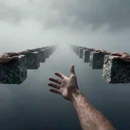 arm reaching out of thick fog, symetrical rows of stone blocks in far distance, floating in mid - air, lined up horizontally, hands grabbing onto blocks, zdzislaw beksinski