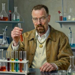 portrait _ of _ walter _ white _ from _ breaking _ bad _ in _ chemical _ laboratory _ test _ tubes _ with _ chemicals _ detailed _ oil _ painted _ by _ albrecht _ durer _ classic _ pose _ medieval _ dressed