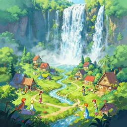 a beautiful digital painting of an a fairy village built by an enormous waterfall by greg rutkowski, rossdraws, james jean, gerald brom, andrei riabovitchev, marc simonetti, and sakimichan, vivid color, rule of thirds, complementary color, sharp lines, trending on artstation