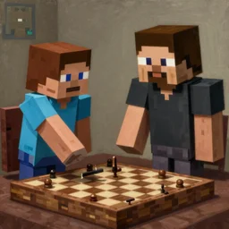 Steve from Minecraft playing chess against Agent 47 from Hitman, oil painting, epic, video game, full res, full shot, featured on artstation, highly detailed