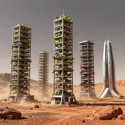 vertical farm structures and sci - fi buildings on mars, terraforming, a sense of hope and optimism, hyper realistic, high res, 4 k, dusty light, edouard groult, bynde, kirill leonov, isaac zuren, edward barons