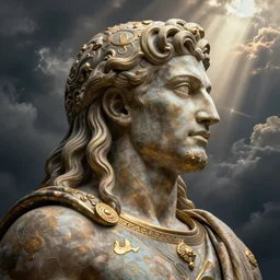 Dog as a god, detailed face, gorgeous, amazing, flowing hair, very muscular male body, partial anatomy, stormy background, caesar victorious, proud Emperor, crepuscular ray, intricate, highly detailed, 8K, digital painting, fantasy, artstation, concept art, sharp focus, over-shoulder shot, illustration, art by Wayne Barlowe and alphonse mucha