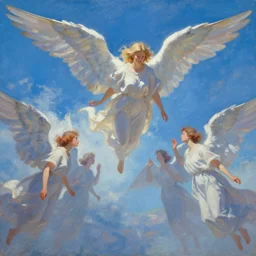 vision of angels - a painting of an angel flying in the sky, with a group of angels flying around it by winslow homer and laurel burch, style of cyberpunk