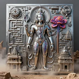 at Khajuraho, steam, smoke, dust, godes, made from electric condensators Shiva, veins, vibrant, xray,  flat shaped chrome relief, fossil, MINIATURE CITY, mechanic bionic fungus flower cyberpunk cat mechabot, by david lachapelle, maze, tubes, joints, buttons, gears, relief by Goga Tandashvili, by jonas burgert, by Wayne Barlowe, cinematic