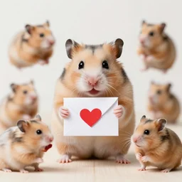 detailed photo of a hamster holding a valentine's letter with a red heart on it, various poses, full body, unedited, daylight, dof, sharp focus, 8 k