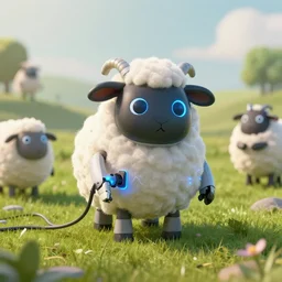 wide - shot of adorable electric cute robot sheep!! in a field!!, charging wires, glowing blue diods, electricity, greg simkins, jean luc, android jones, rutkowsky, matte painting, steam lighting, render, hyperrealistic, highly detailed, accurate