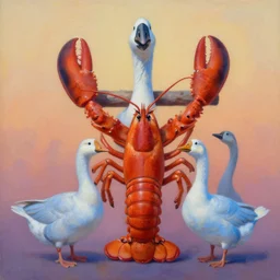 painting of cross between lobster body & goose head, intercrossed animal, by corine perier, by ellen jewett, by ronald ong, by arne olav gurvin fredriksen cold hue's, warm tone gradient background, beautiful composition, digital painting