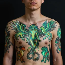 a young man has beautiful glowing tattoos on his chest and shoulders of different mythical creatures and beings by jean giraud and bob byerley, style of glitch art