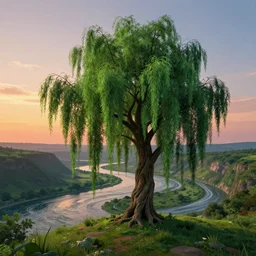 featured on artstation majestic dark green willow tree overlooking swirling river valley at sunset, beautiful image stylized digital art