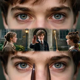 sharp, highly detailed, 7 0 mm still from a 2 0 1 9 sci fi color movie, set in 1 8 5 0 in an alternate universe, mid distant shot of three students practicing magic, outside the'school of magic ', 1 8 5 0 s era clothing, cinematic lighting, in focus, detailed eyes, sharp lens, live action, award winning lighting, award winning photography