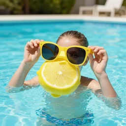 lemon with sunglasses playing in a pool