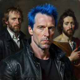 a cyberpunk christopher walken with blue hair, masterpiece painting by artgerm and greg rutkowski and caravaggio